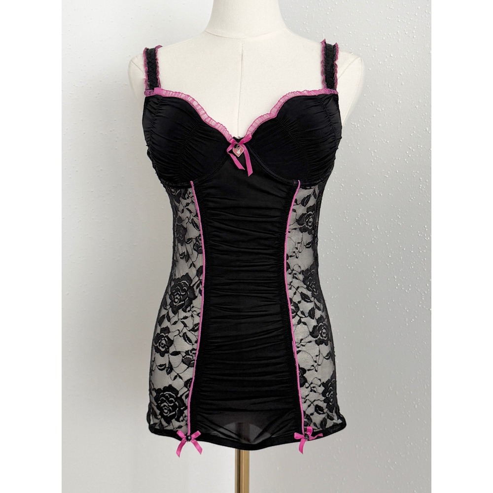 Vintage Playboy Black Pink Lace Babydoll Lingerie Dress Y2K Coquette (M)